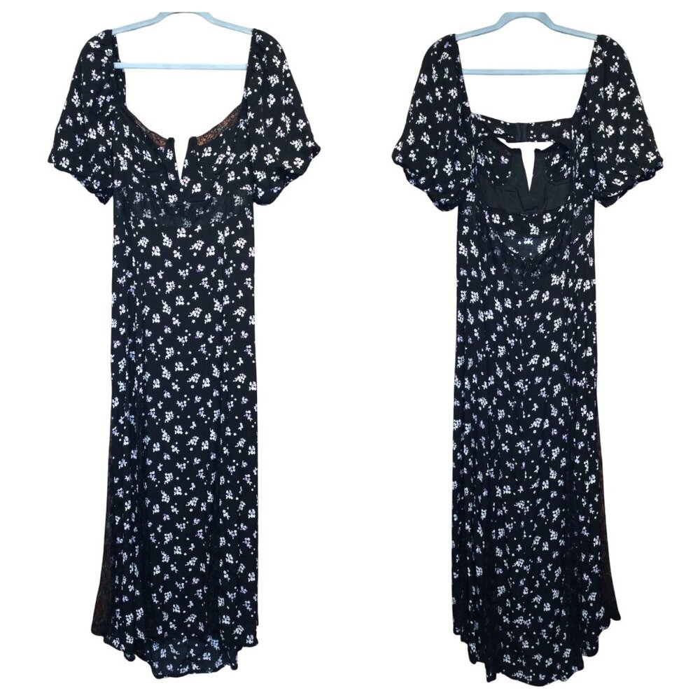 Forever 21 Black Maxi Dress with White Floral Print and Puff Sleeves